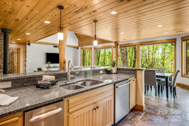 kitchen with stone tile floors, open floor plan, wooden ceiling, a sink, and dishwasher