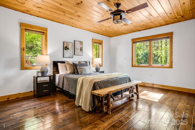 bedroom featuring a ceiling fan, baseboards, wood ceiling, and dark wood-type flooring