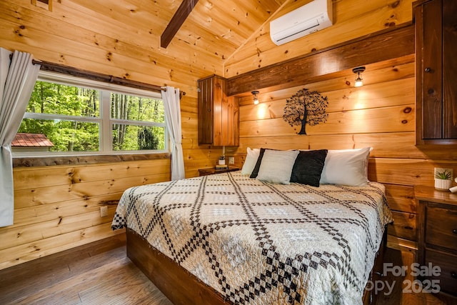 bedroom with wooden walls, wooden ceiling, a wall unit AC, wood finished floors, and vaulted ceiling