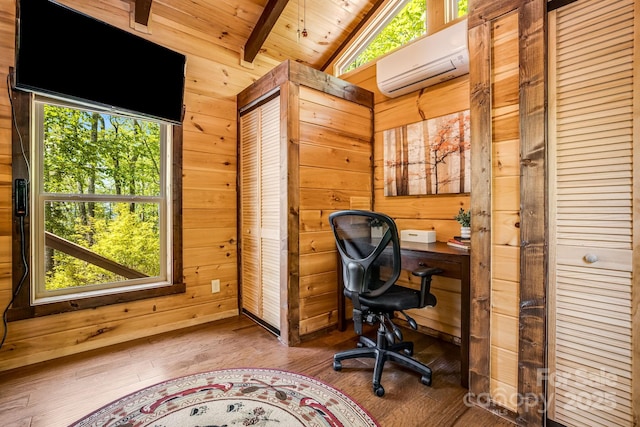 216 Log Gap Rd, Fairview, NC 28730 - office area with a wall mounted air conditioner, wooden walls, wood-type flooring, and wood ceiling