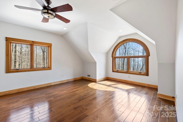 216 Log Gap Rd, Fairview, NC 28730 - additional living space featuring baseboards, lofted ceiling, hardwood / wood-style flooring, a ceiling fan, and recessed lighting