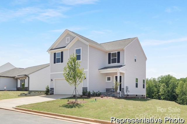 front facade with a garage and a front yard