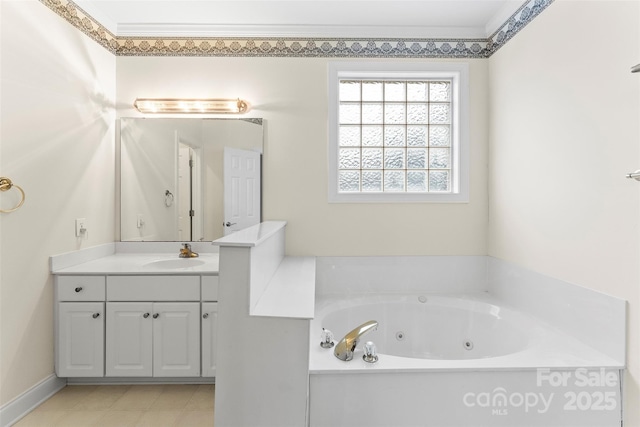 bathroom featuring vanity and a washtub