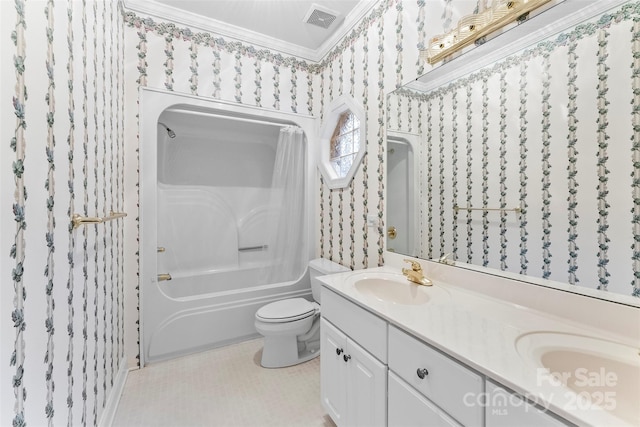 full bathroom featuring vanity, crown molding, toilet, and shower / bathtub combination with curtain