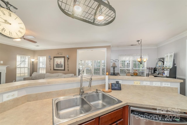 kitchen featuring open floor plan, dishwasher, a sink, brown cabinetry, and light countertops