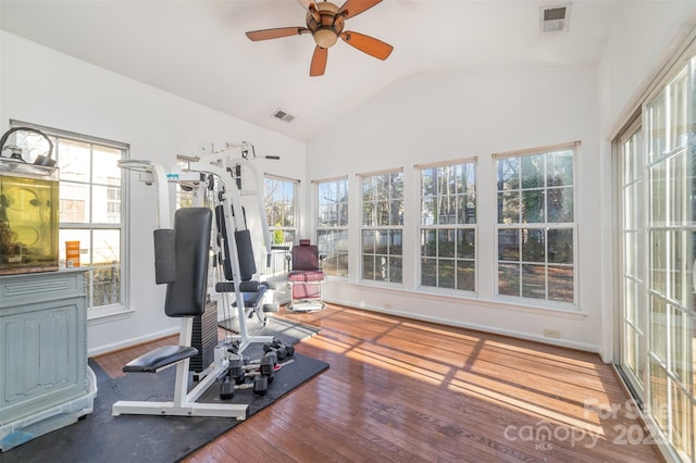 exercise room featuring vaulted ceiling, ceiling fan, wood finished floors, and baseboards