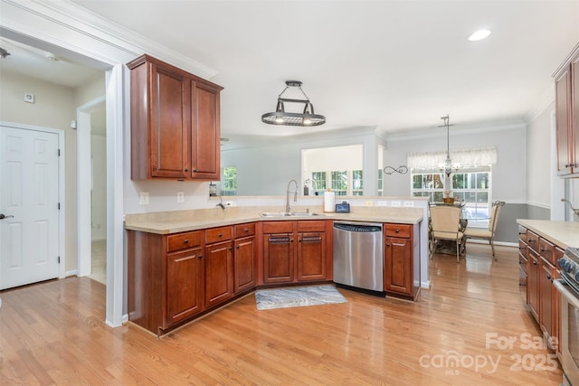1245 Periwinkle Dr, Waxhaw, NC 28173 - kitchen with dishwasher, light wood-type flooring, light countertops, crown molding, and recessed lighting