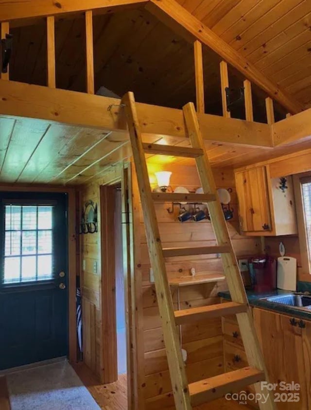 interior space featuring a healthy amount of sunlight, sink, and vaulted ceiling