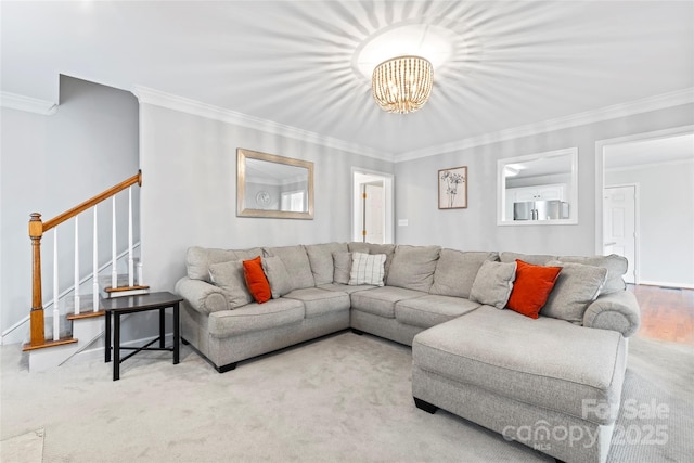 living room featuring crown molding