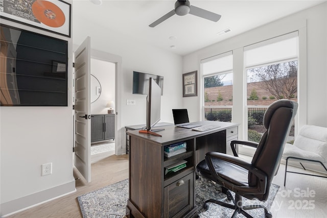 office area with ceiling fan and light hardwood / wood-style floors