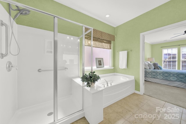 ensuite bathroom featuring a stall shower, tile patterned floors, connected bathroom, a garden tub, and ceiling fan