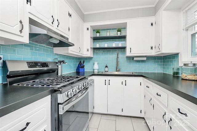 kitchen featuring gas range, sink, white cabinets, and ornamental molding