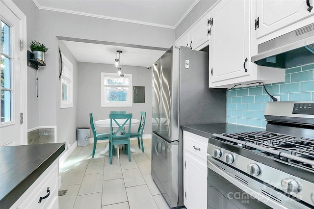 kitchen with appliances with stainless steel finishes, white cabinetry, decorative backsplash, hanging light fixtures, and ornamental molding