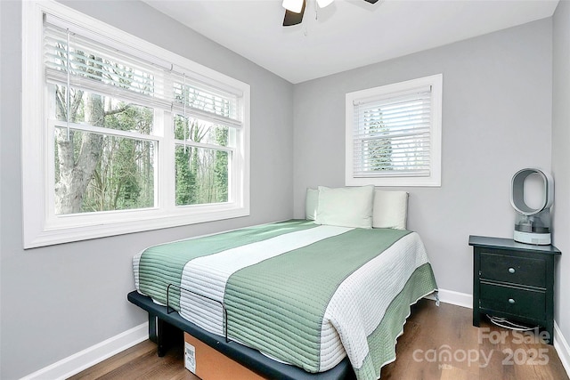 bedroom featuring ceiling fan, dark hardwood / wood-style floors, and multiple windows