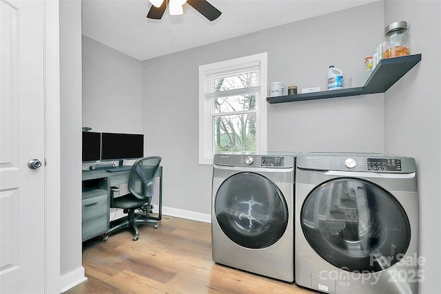 washroom with ceiling fan, hardwood / wood-style floors, and washer and clothes dryer