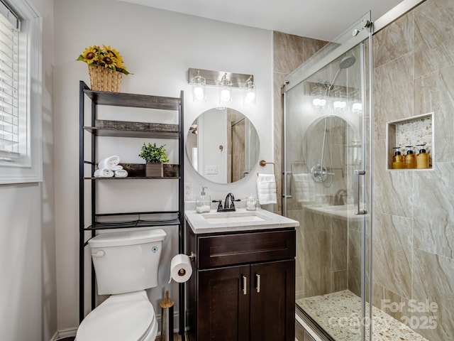 bathroom featuring vanity, a shower stall, and toilet