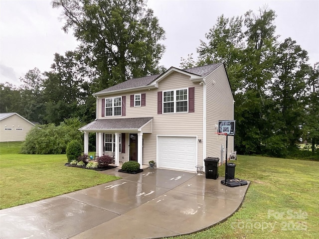 view of front facade with a porch, a garage, and a front yard