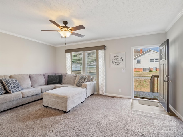 living area with a textured ceiling, baseboards, and crown molding