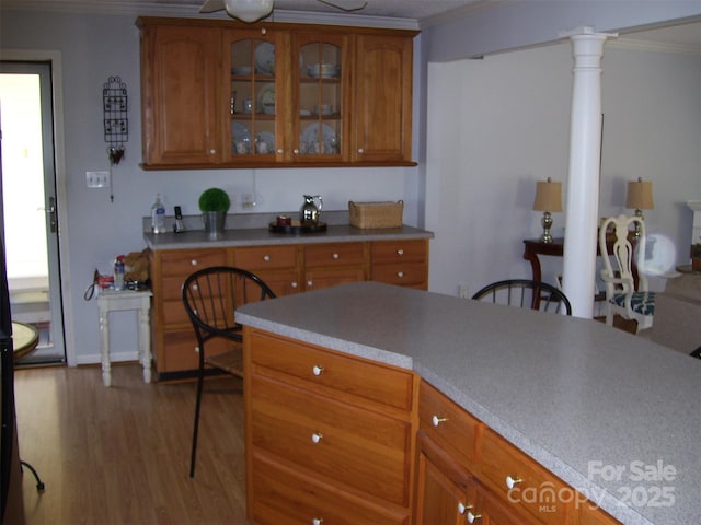 kitchen featuring crown molding, decorative columns, and light wood-type flooring