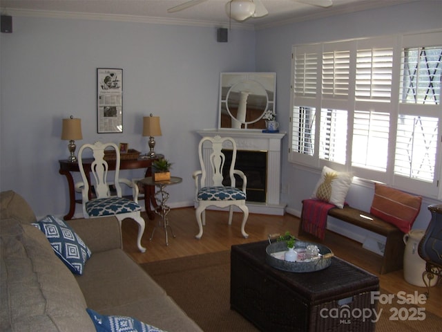 living room featuring hardwood / wood-style flooring, a premium fireplace, ceiling fan, and crown molding