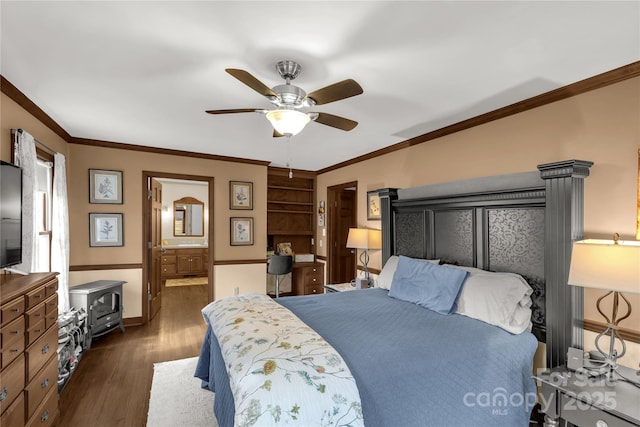 bedroom featuring ceiling fan, ornamental molding, dark hardwood / wood-style floors, and ensuite bathroom