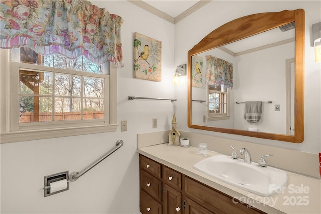 bathroom with crown molding and vanity