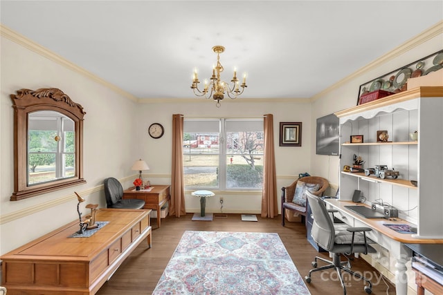 office with ornamental molding, dark wood-type flooring, and a notable chandelier