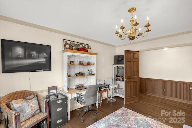 office area featuring ornamental molding, dark wood-type flooring, and an inviting chandelier