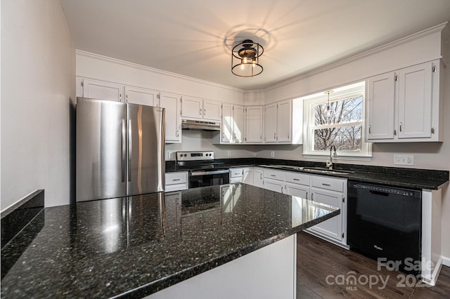 kitchen with appliances with stainless steel finishes, sink, white cabinets, and dark stone counters