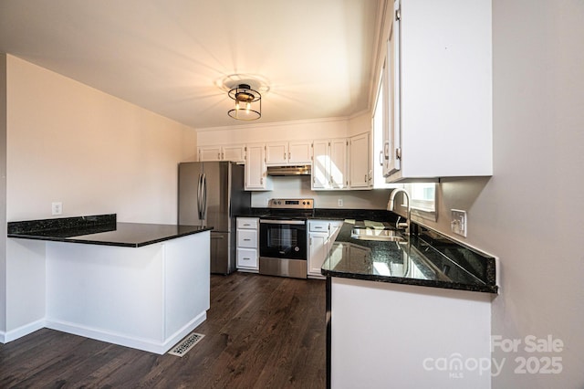 kitchen featuring sink, appliances with stainless steel finishes, dark hardwood / wood-style floors, kitchen peninsula, and white cabinets