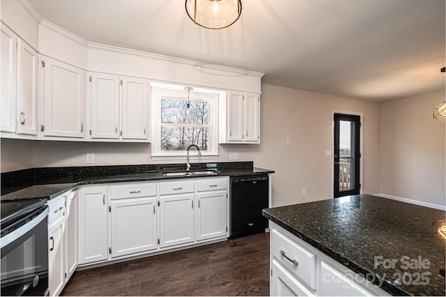 kitchen with range with electric stovetop, white cabinetry, black dishwasher, dark stone countertops, and sink