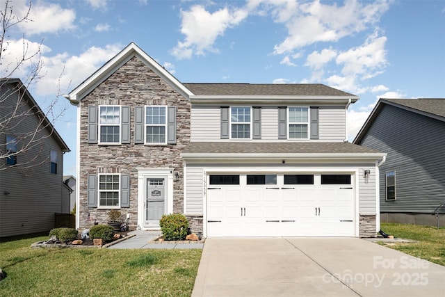 view of front of home featuring an attached garage, a shingled roof, stone siding, driveway, and a front lawn