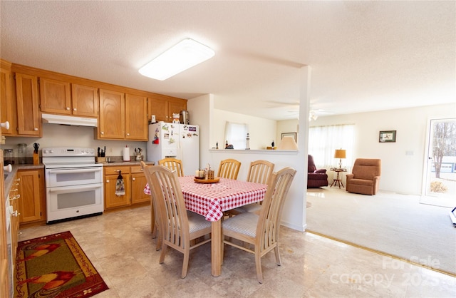 interior space with light carpet, white appliances, a textured ceiling, and ceiling fan