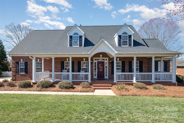 cape cod home featuring covered porch, a front lawn, and brick siding