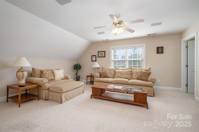 living area with lofted ceiling, visible vents, carpet flooring, ceiling fan, and baseboards