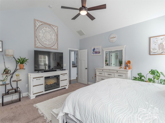 bedroom featuring light carpet, high vaulted ceiling, and ceiling fan