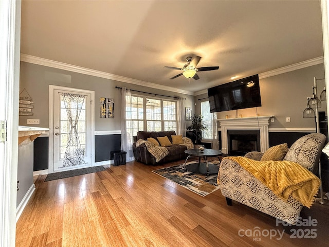 living room with wood-type flooring, plenty of natural light, and crown molding