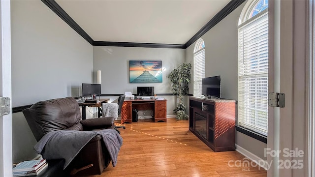 home office featuring ornamental molding and light hardwood / wood-style floors