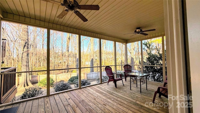 unfurnished sunroom featuring ceiling fan and wood ceiling