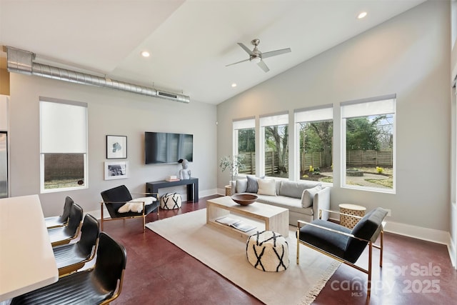 living room featuring high vaulted ceiling and ceiling fan