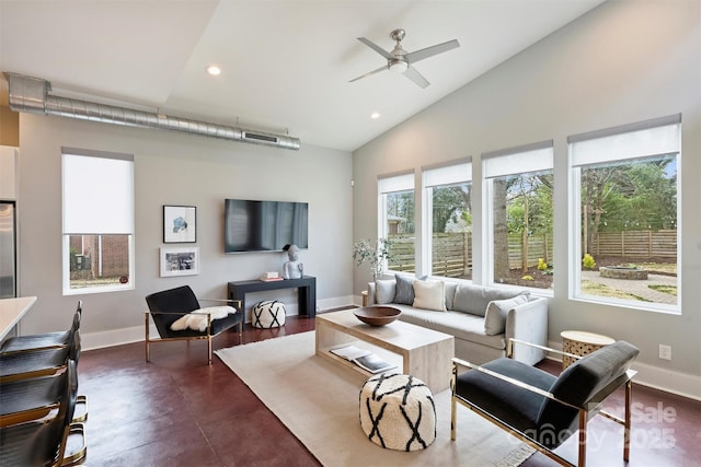 living room featuring lofted ceiling and ceiling fan