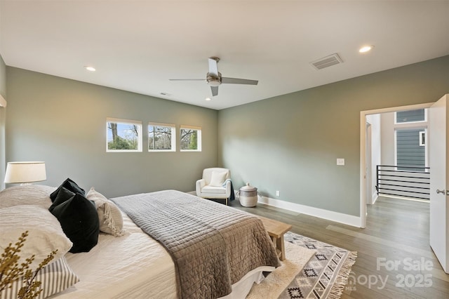 bedroom featuring ceiling fan and wood-type flooring