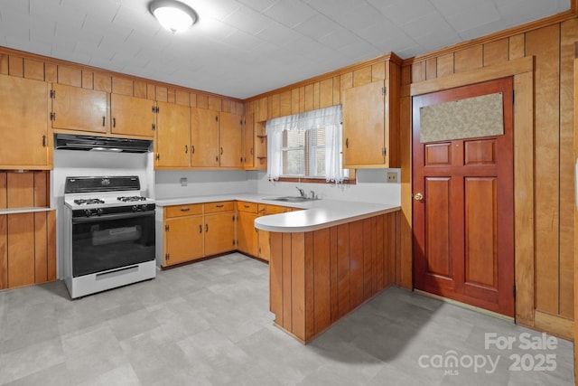 kitchen featuring gas range, sink, kitchen peninsula, and range hood