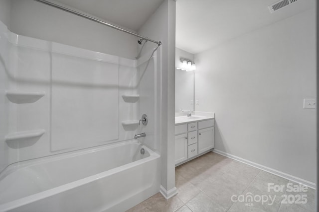 bathroom with washtub / shower combination, vanity, and tile patterned floors