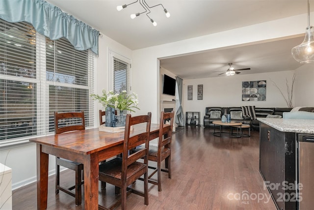 dining space with ceiling fan and dark hardwood / wood-style floors