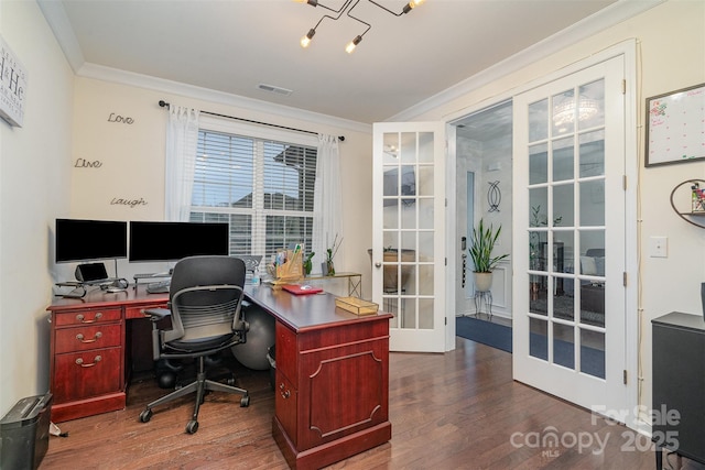 office with crown molding, dark hardwood / wood-style floors, and french doors