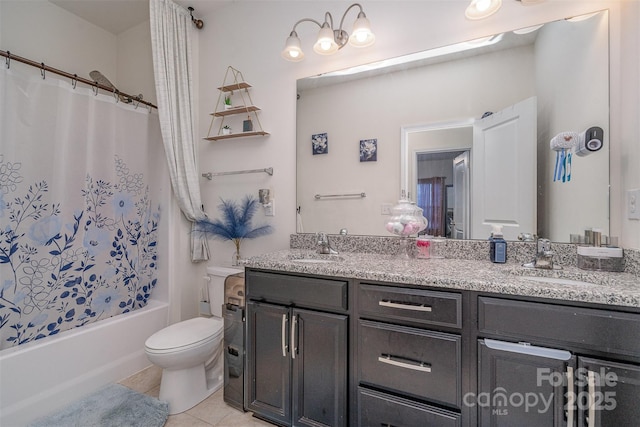 full bathroom with tile patterned flooring, vanity, toilet, and shower / bathtub combination with curtain