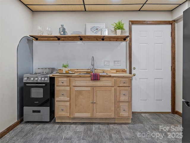 kitchen featuring wood finished floors, stainless steel gas range, light brown cabinetry, wooden counters, and a sink