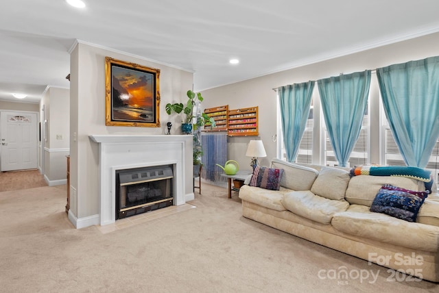 living room featuring crown molding, recessed lighting, light colored carpet, a fireplace with flush hearth, and baseboards