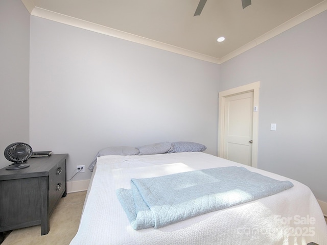 carpeted bedroom with crown molding and ceiling fan